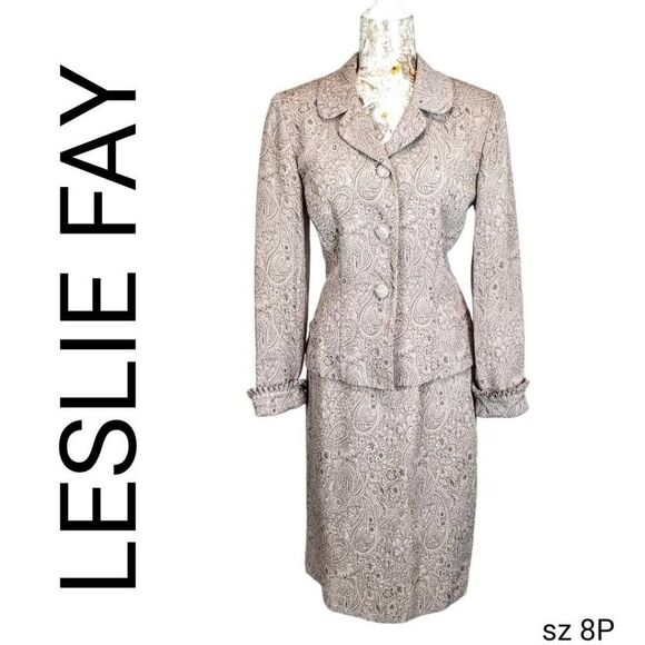 Leslie Fay Neutral Paisley & Floral Ruffled Sleeve Feminine Skirt Suit - Picture 2 of 7